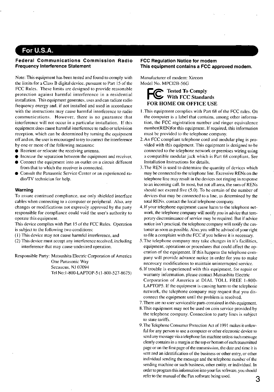 For u.s.a, Warning, Fcc regulation notice for modem | This equipment contains a fcc approved modem | Panasonic TOUGHBOOK CF-47 User Manual | Page 3 / 32