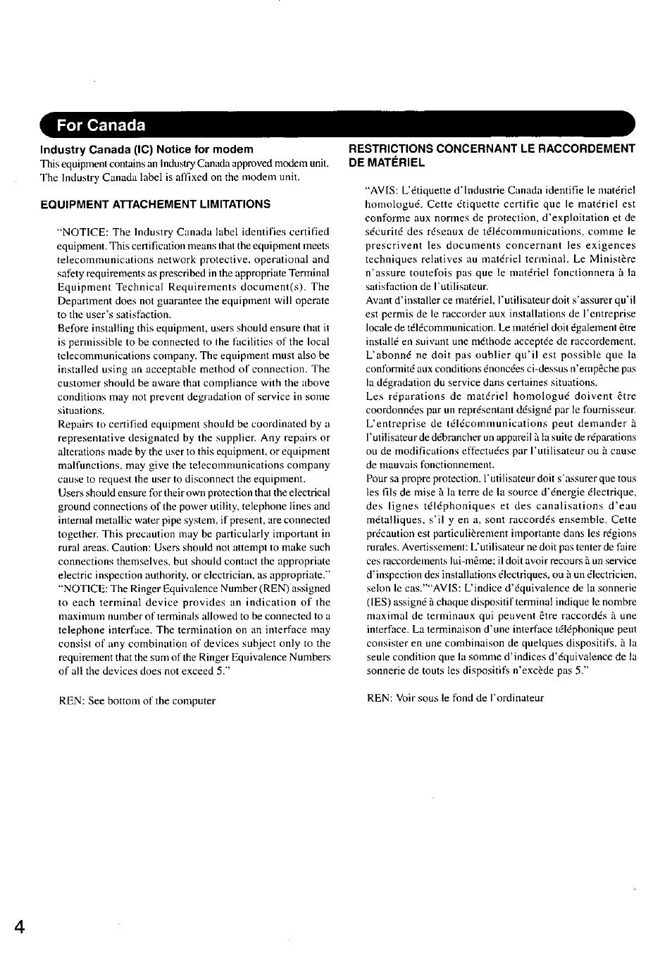 For canada, Industry canada (1c) notice for modem, Equipment attachement limitations | Panasonic TOUGHBOOK CF-47 User Manual | Page 4 / 32