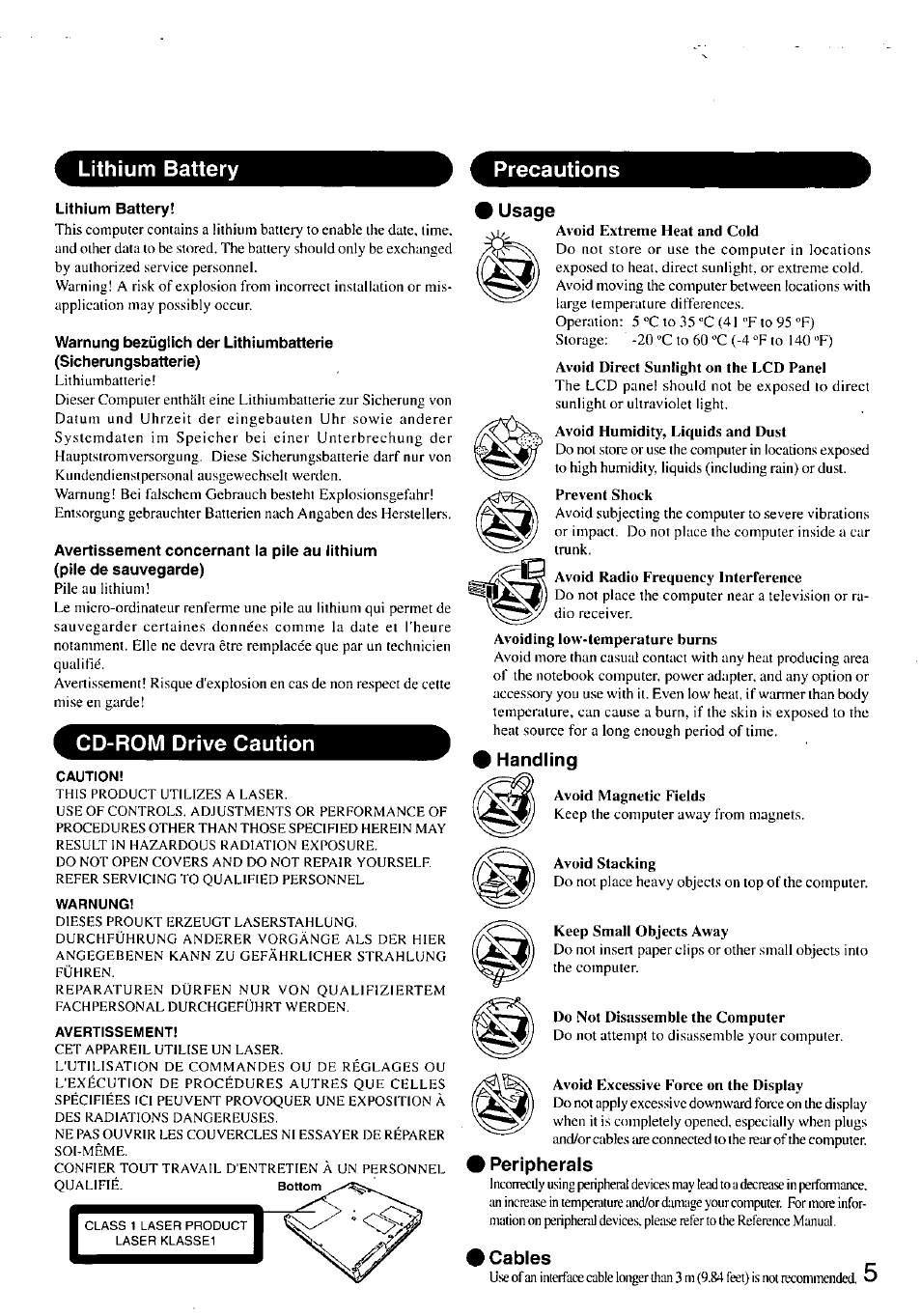 Lithium battery, Precautions, Cd-rom drive caution | Usage, I handling, Peripherals, Cables, Lithium battery precautions | Panasonic TOUGHBOOK CF-47 User Manual | Page 5 / 32
