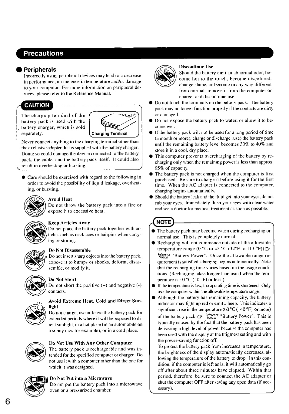 Precautions, Peripherals | Panasonic TOUGHBOOK CF-47 User Manual | Page 6 / 32