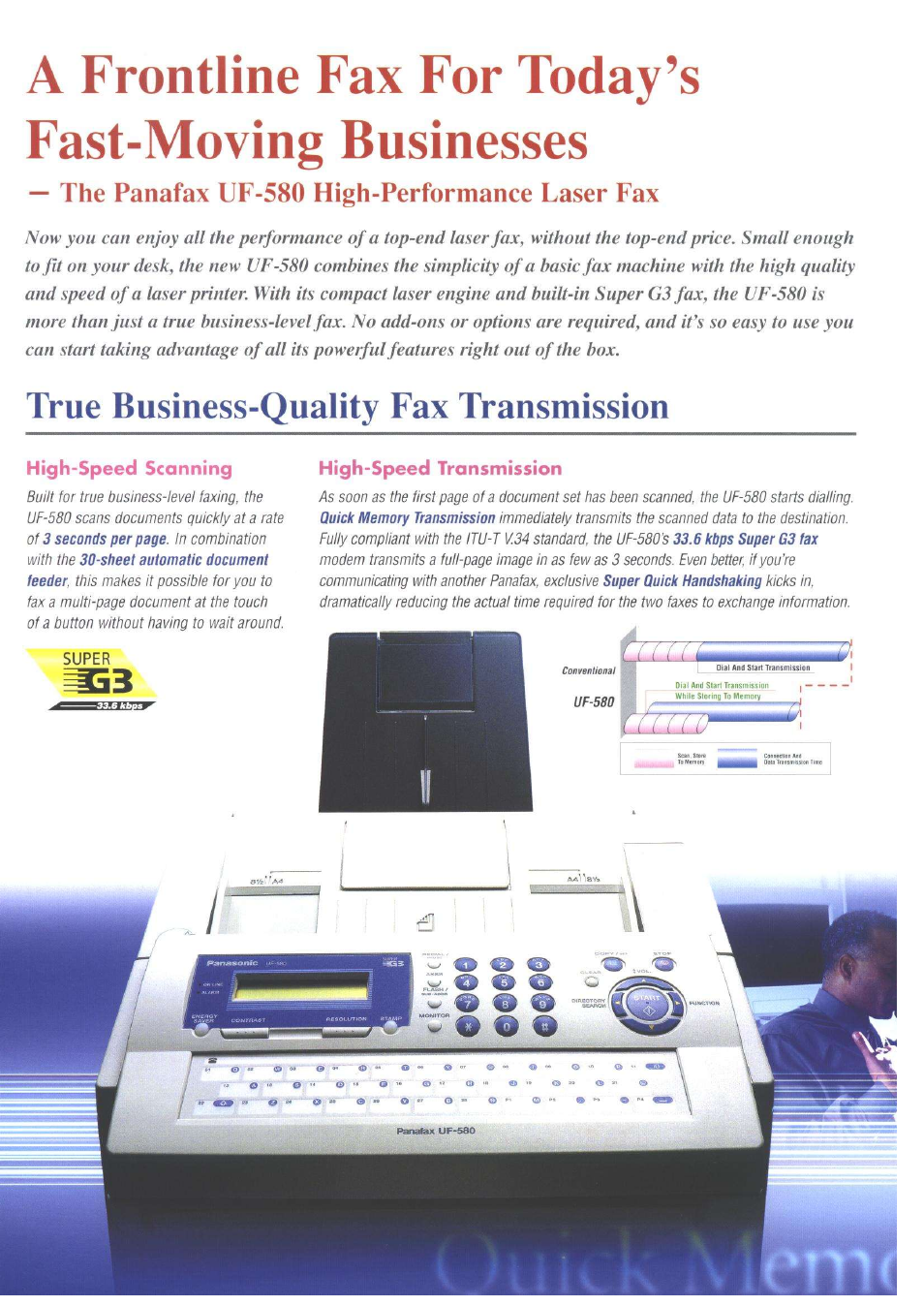 True business-quality fax transmission, A frontline fax for today’s fast-moving businesses, The panafax uf-580 high-performance laser fax | Panasonic Panafax UF-580 User Manual | Page 2 / 4