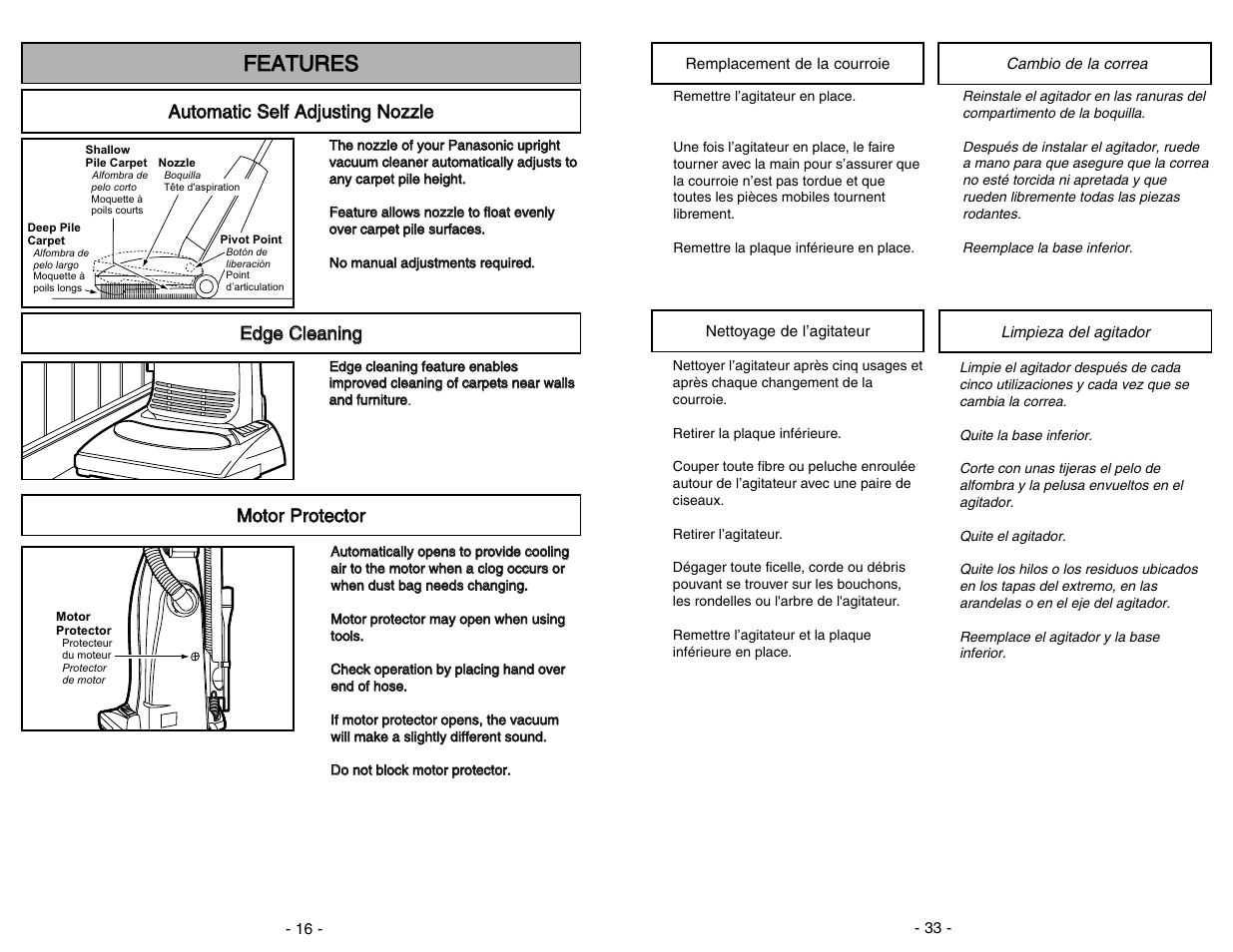 Nettoyage de l'agitateur, Limpieza del agitador, Ffe ea at tu ur re es s | Eed dg ge e c clle ea an niin ng g, Mmo otto orr p prro otte ec ctto orr | Panasonic MC-V5734 User Manual | Page 33 / 48