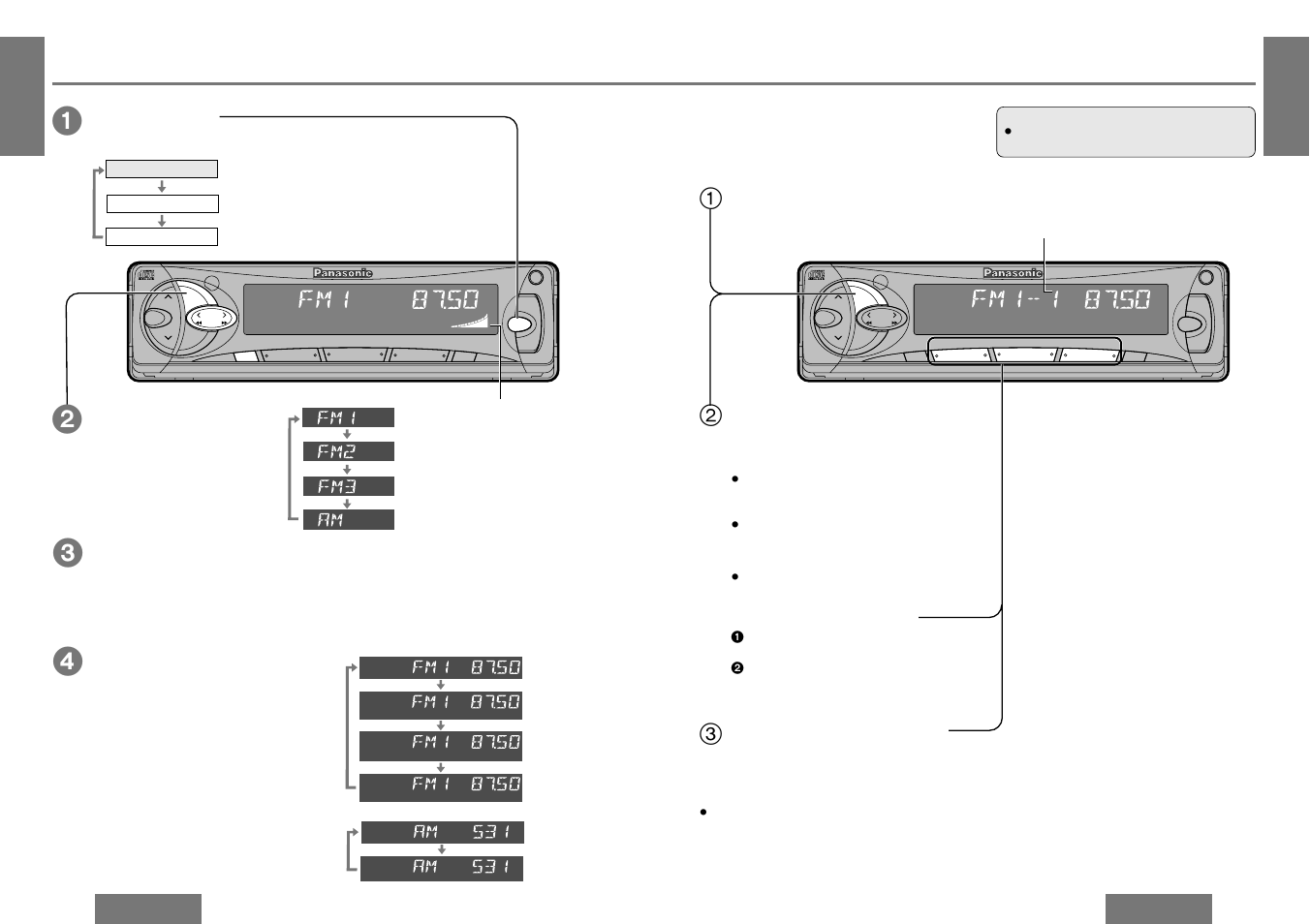 Radio basics, Tuning in a preset station, Manual station preset | Preset station setting band, Auto station preset, Seek tuning, Band, Mode selection, Manual tuning, Mono/local selection | Panasonic CQ-DF302W User Manual | Page 5 / 13