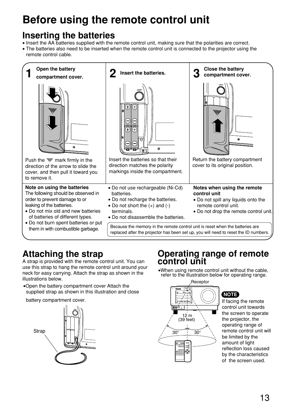 Before using the remote control unit, Inserting the batteries, Attaching the strap | Operating range of remote control unit | Panasonic PT-D9610U User Manual | Page 13 / 100