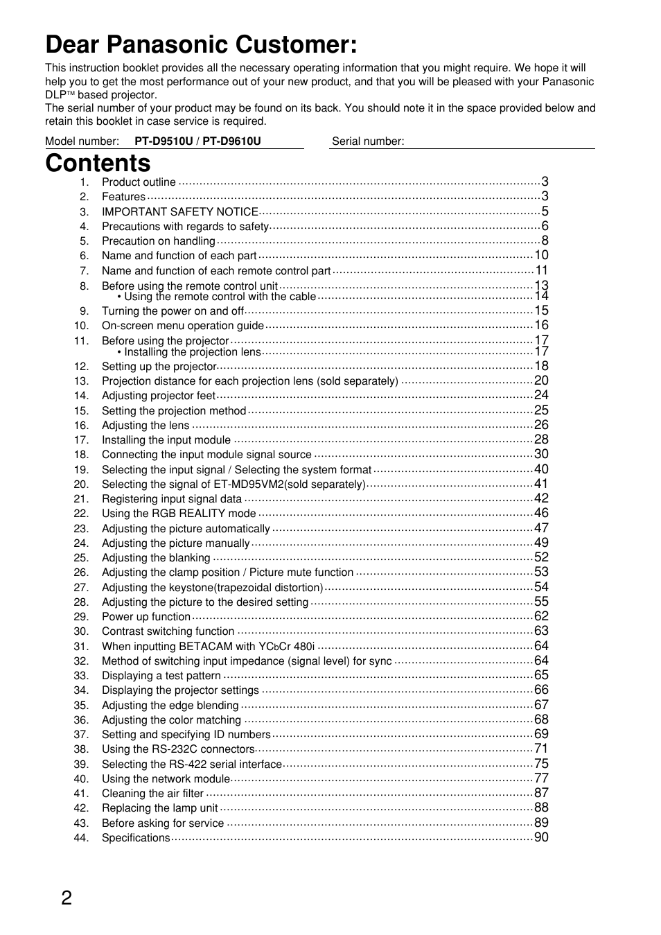 Panasonic PT-D9610U User Manual | Page 2 / 100