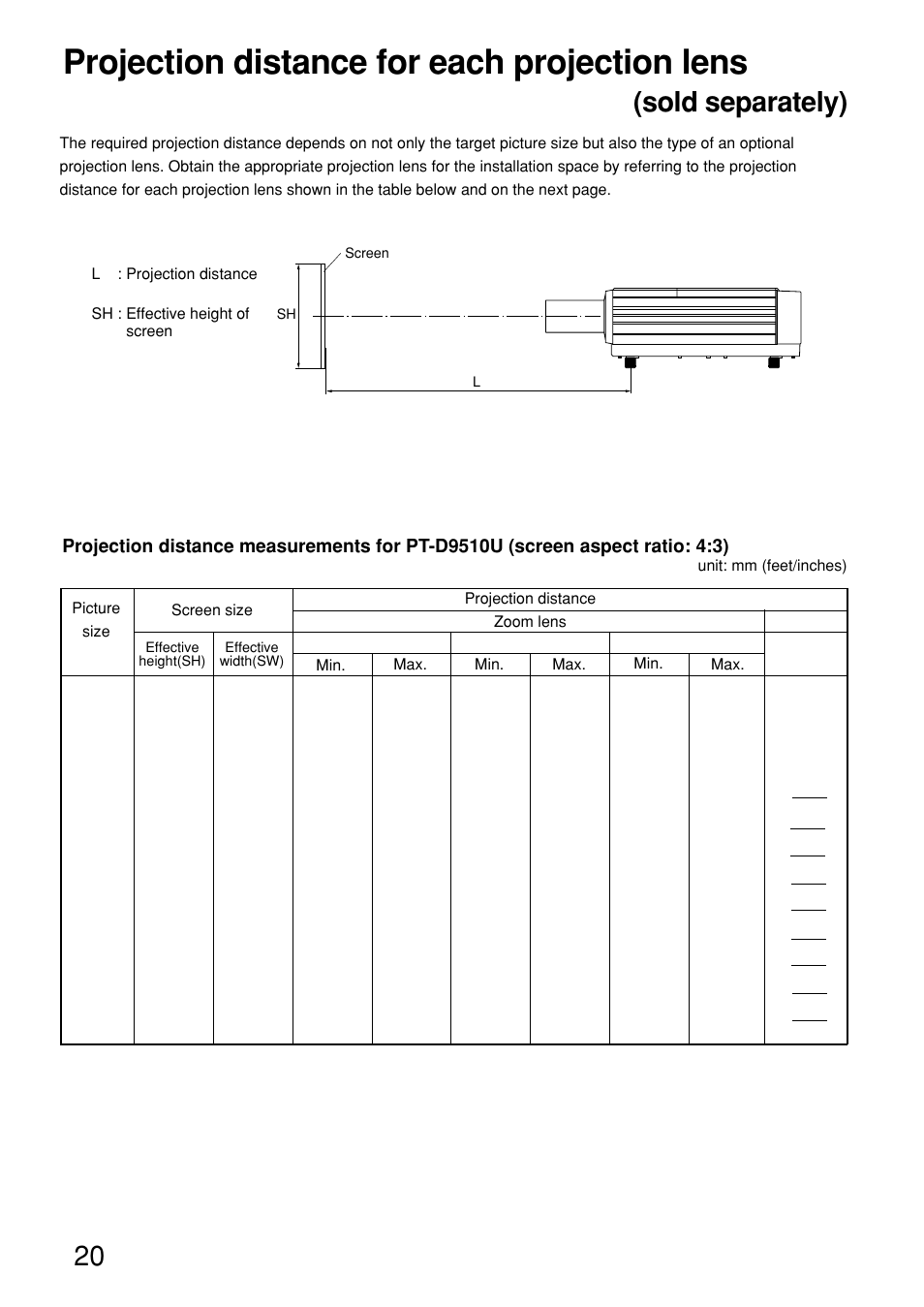 Projection distance for each projection lens, Sold separately) | Panasonic PT-D9610U User Manual | Page 20 / 100