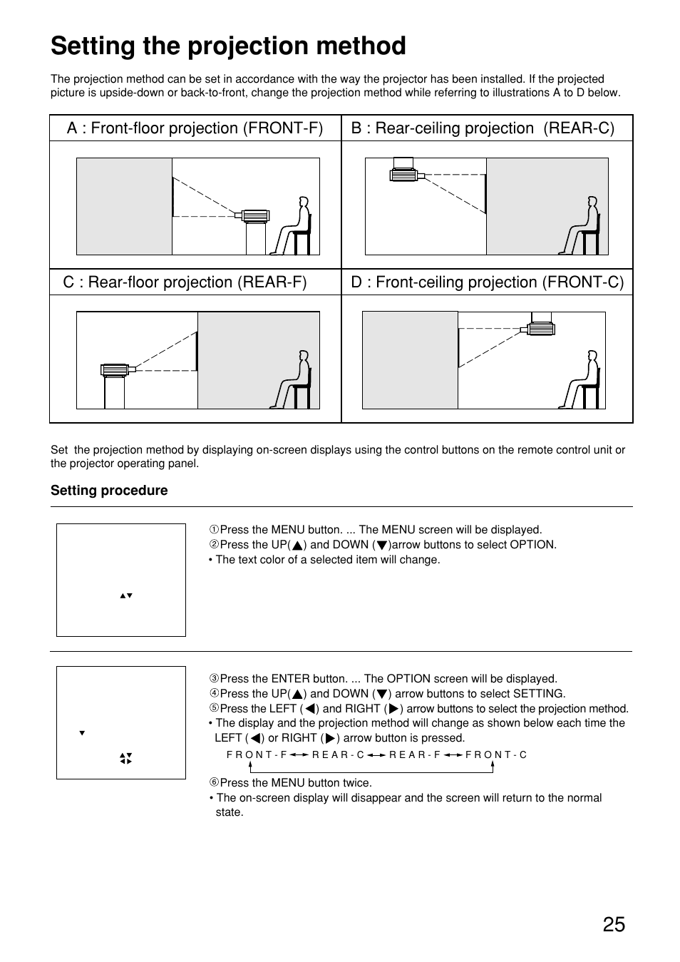 Setting the projection method | Panasonic PT-D9610U User Manual | Page 25 / 100