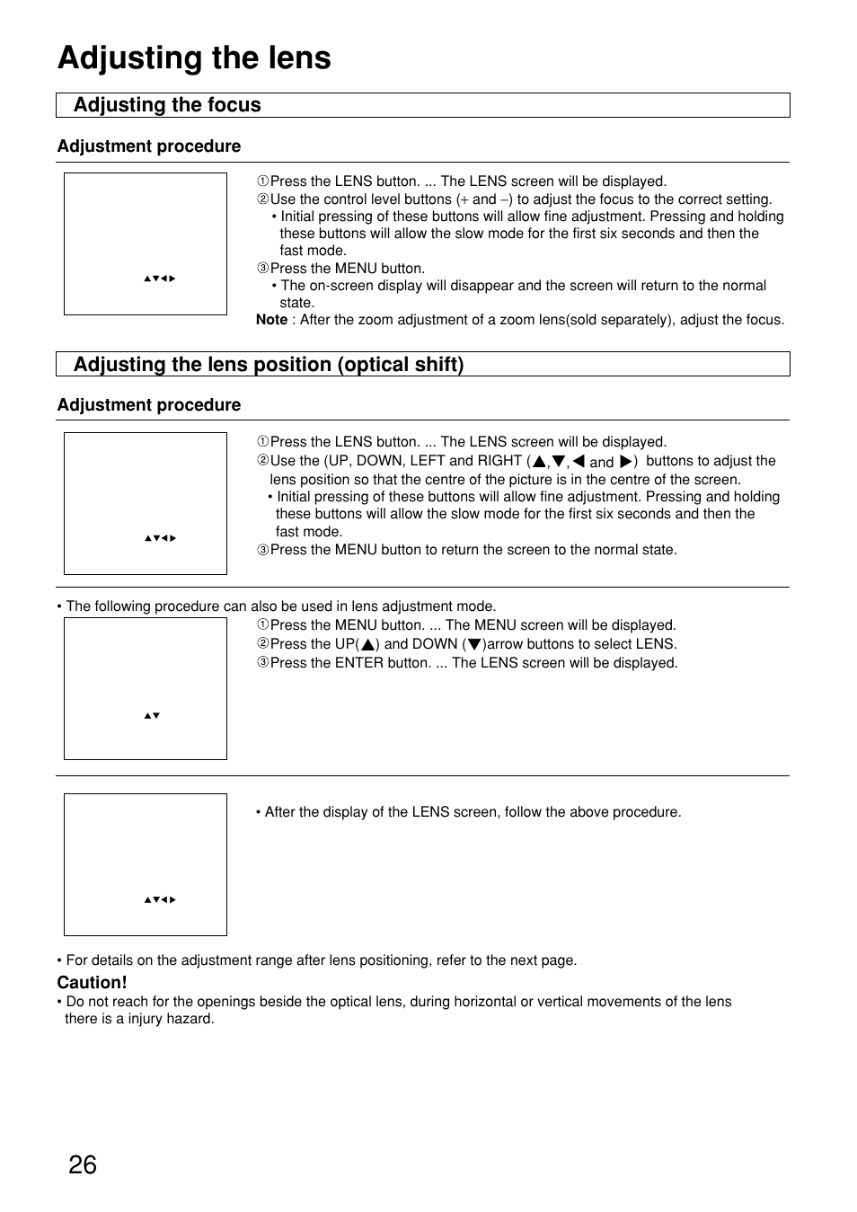 Adjusting the lens, Adjusting the focus, Adjusting the lens position (optical shift) | Panasonic PT-D9610U User Manual | Page 26 / 100