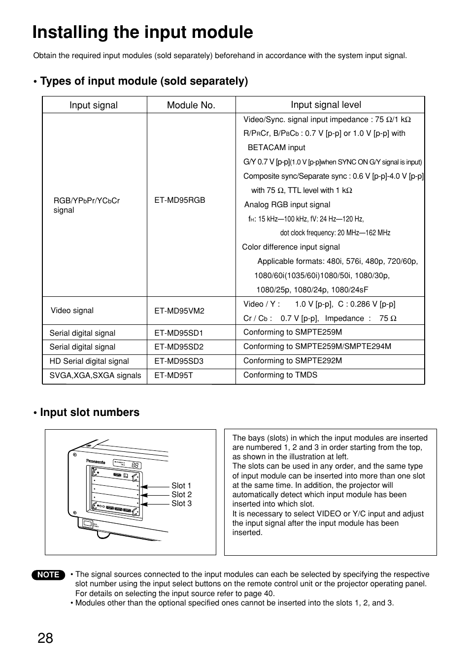 Installing the input module | Panasonic PT-D9610U User Manual | Page 28 / 100