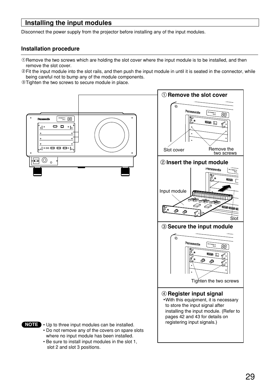 Installing the input modules | Panasonic PT-D9610U User Manual | Page 29 / 100