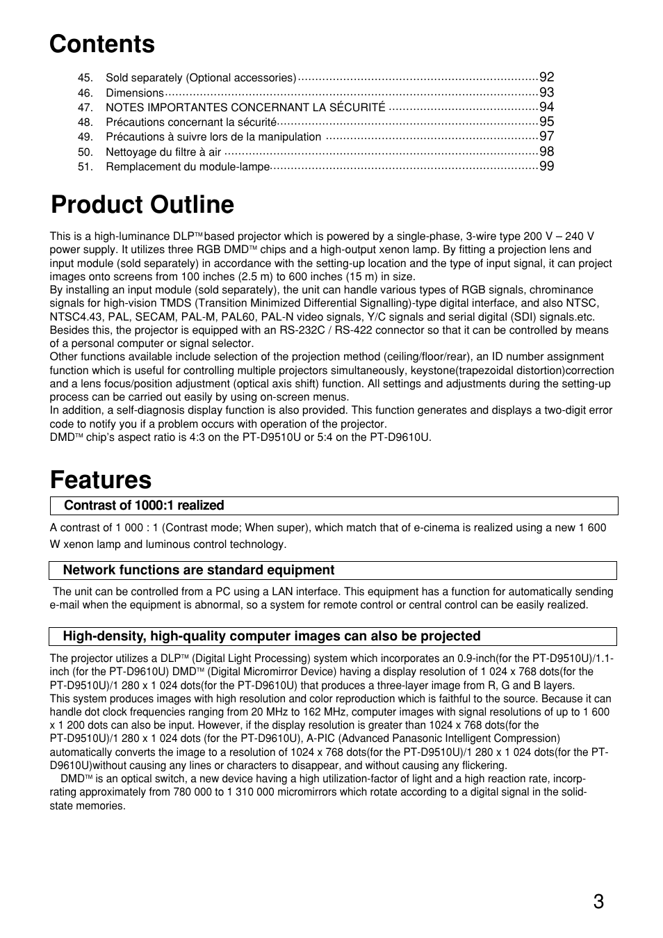 Panasonic PT-D9610U User Manual | Page 3 / 100