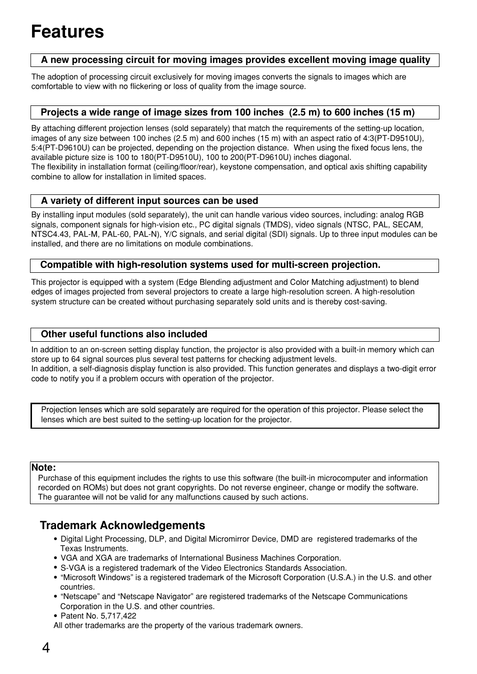 Features | Panasonic PT-D9610U User Manual | Page 4 / 100
