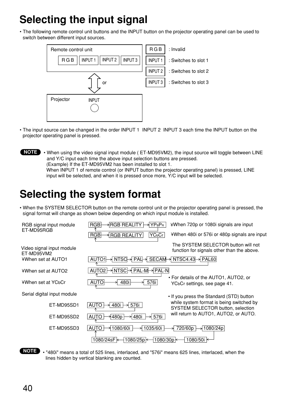 Selecting the input signal, Selecting the system format | Panasonic PT-D9610U User Manual | Page 40 / 100
