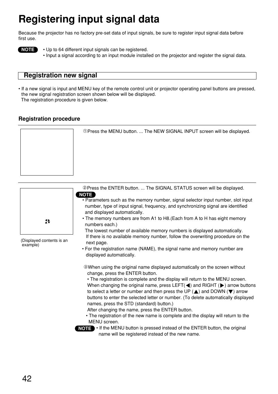 Registering input signal data, Registration new signal | Panasonic PT-D9610U User Manual | Page 42 / 100