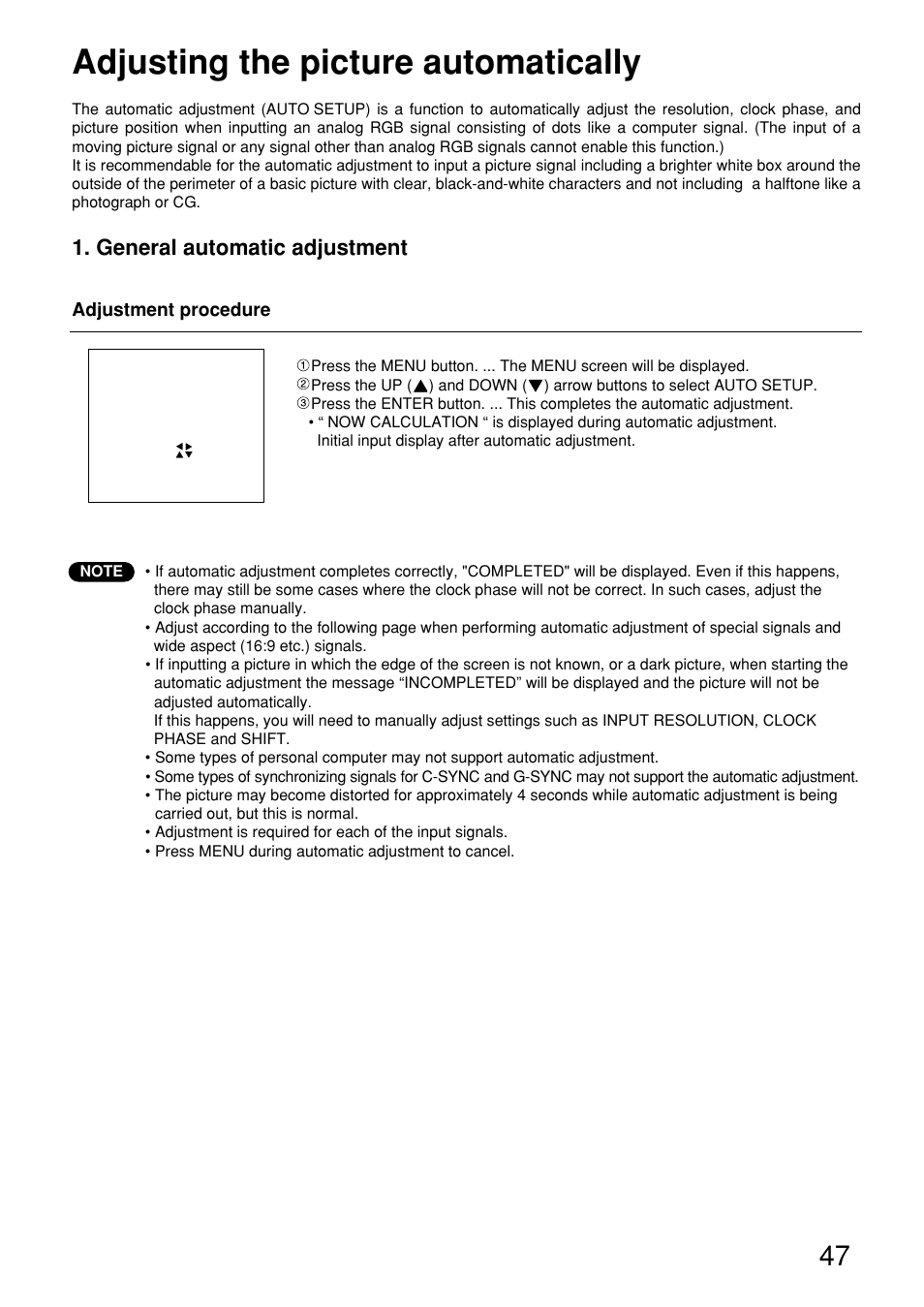Adjusting the picture automatically, General automatic adjustment | Panasonic PT-D9610U User Manual | Page 47 / 100