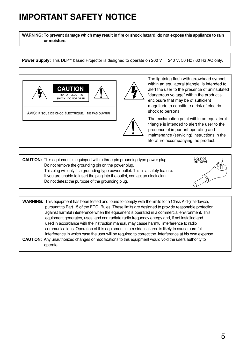 Important safety notice, Caution | Panasonic PT-D9610U User Manual | Page 5 / 100