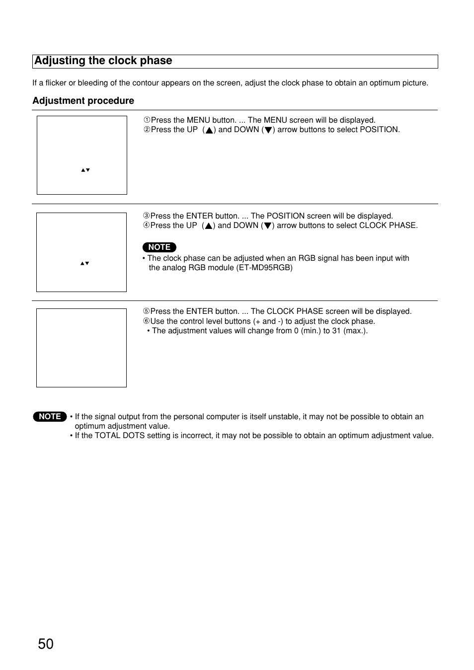 Adjusting the clock phase | Panasonic PT-D9610U User Manual | Page 50 / 100