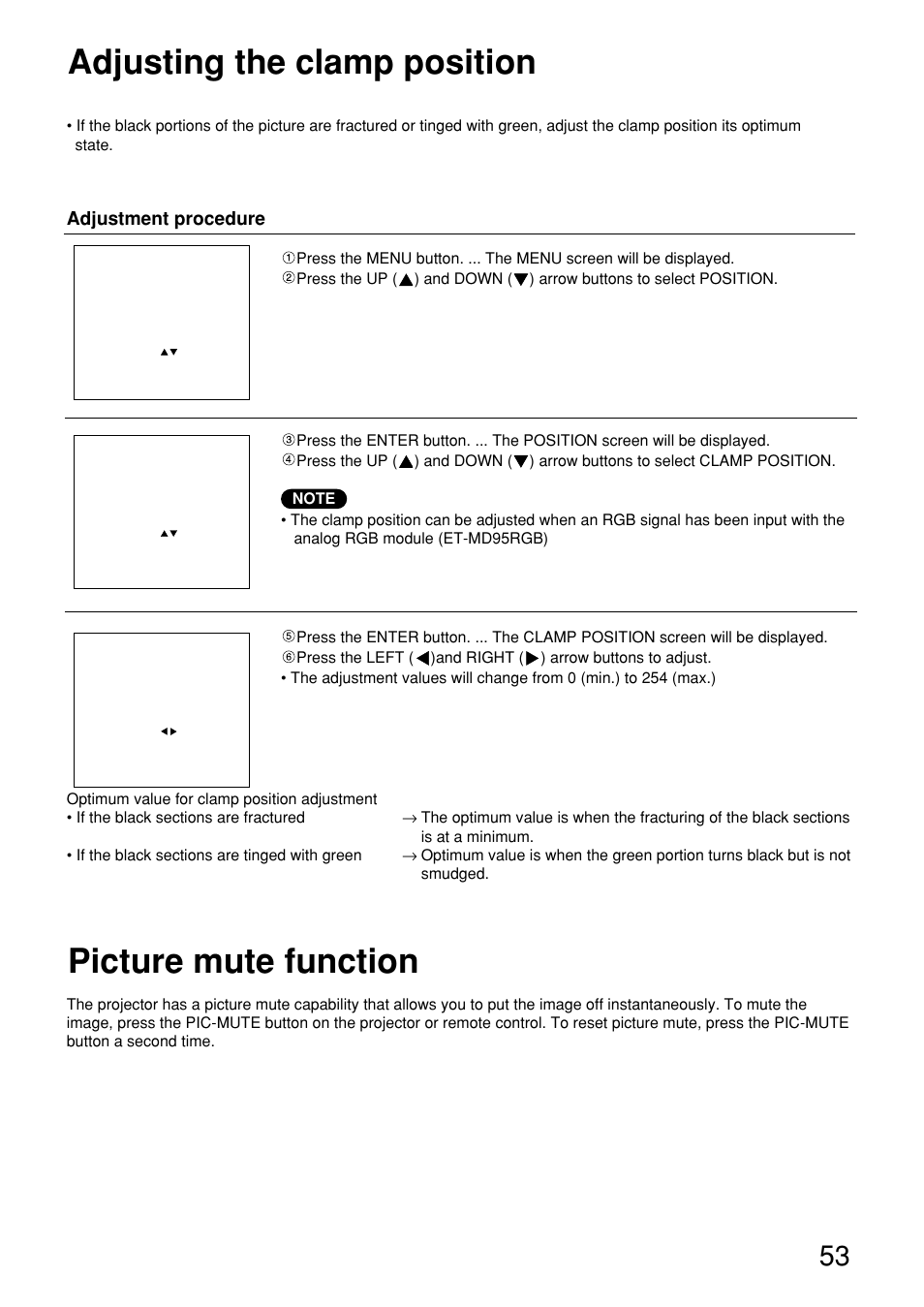 Adjusting the clamp position picture mute function | Panasonic PT-D9610U User Manual | Page 53 / 100