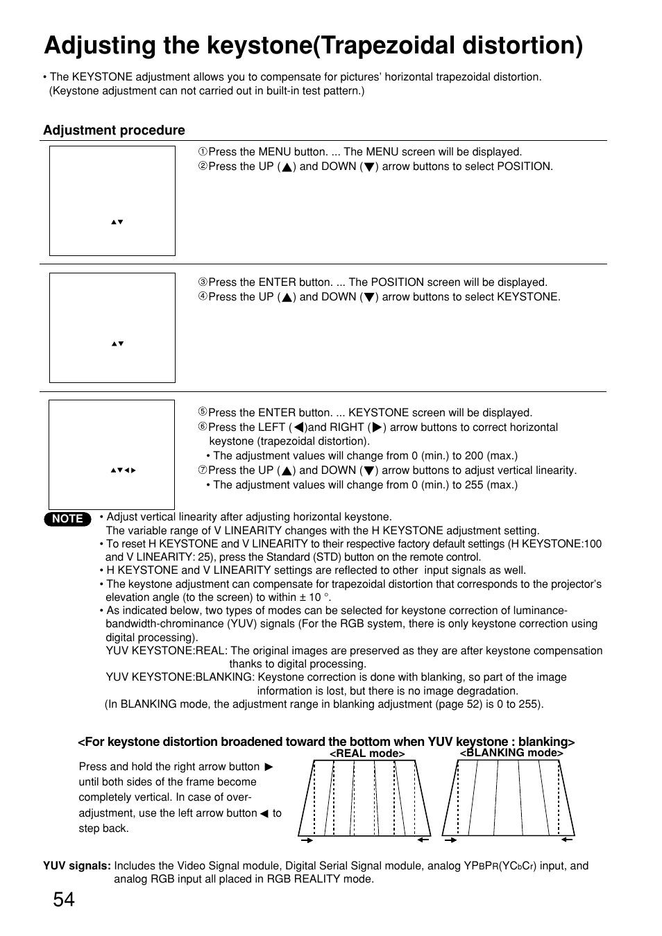Adjusting the keystone (trapezoidal distortion), Adjusting the keystone(trapezoidal distortion) | Panasonic PT-D9610U User Manual | Page 54 / 100