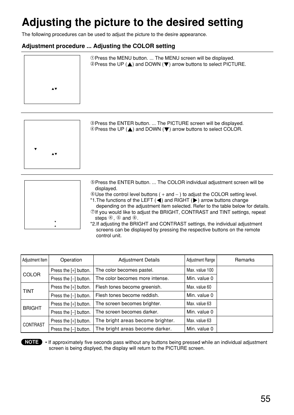 Adjusting the picture to the desired setting | Panasonic PT-D9610U User Manual | Page 55 / 100
