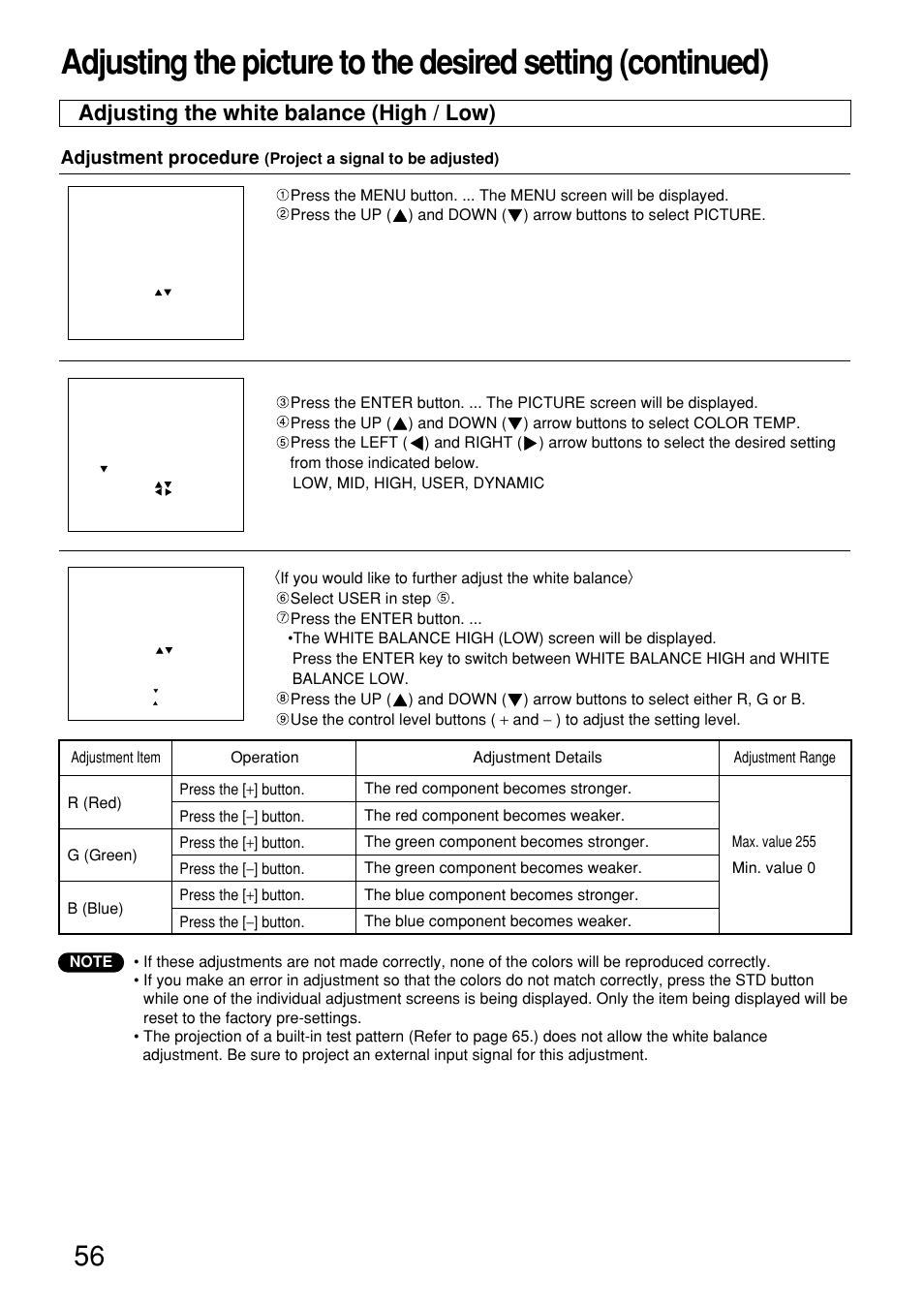 Adjusting the white balance (high / low) | Panasonic PT-D9610U User Manual | Page 56 / 100