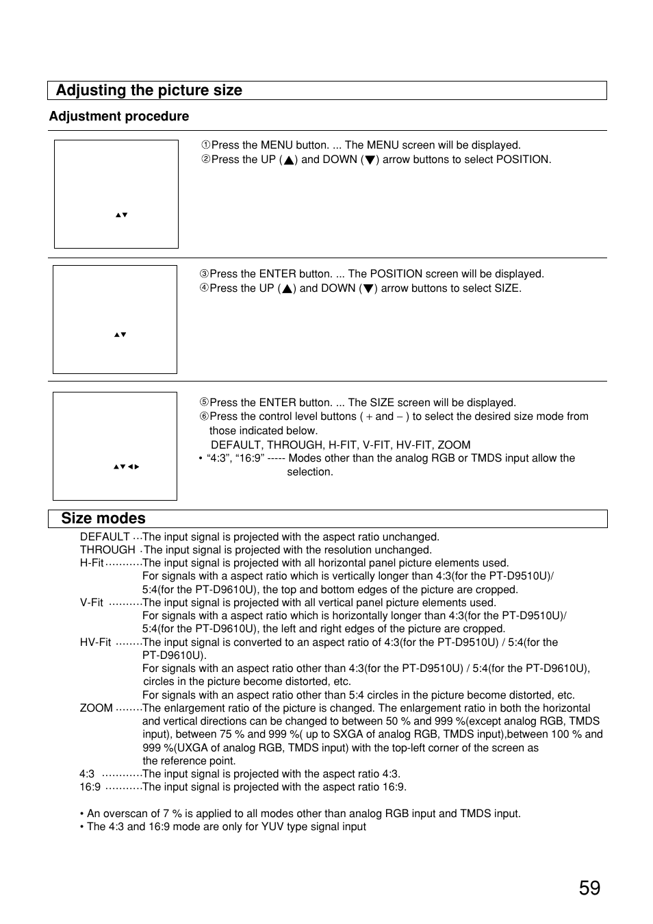 Adjusting the picture size, Size modes, Adjustment procedure | Panasonic PT-D9610U User Manual | Page 59 / 100