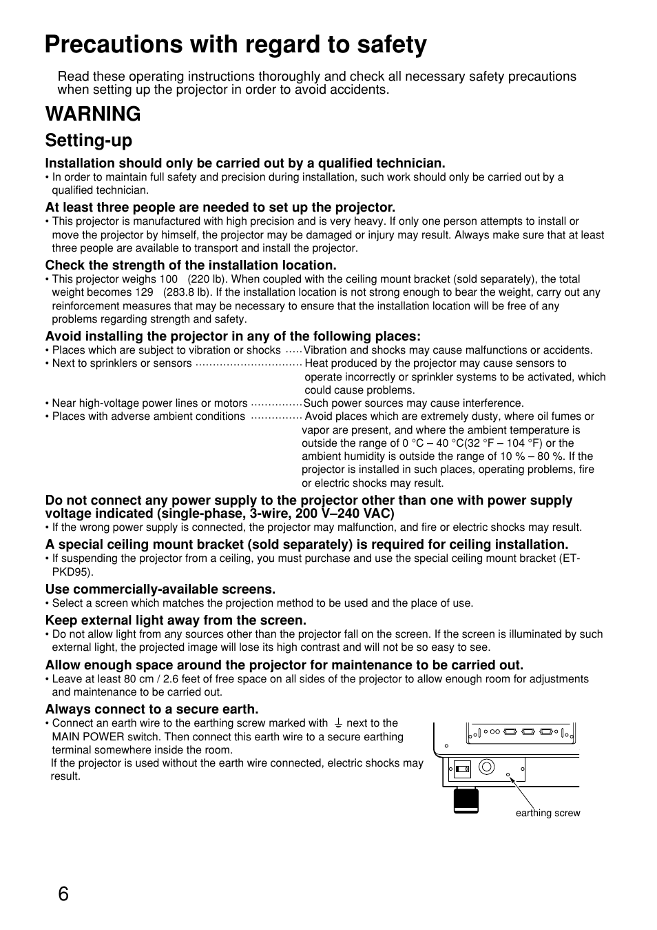 Precautions with regard to safety, Warning, Setting-up | Panasonic PT-D9610U User Manual | Page 6 / 100