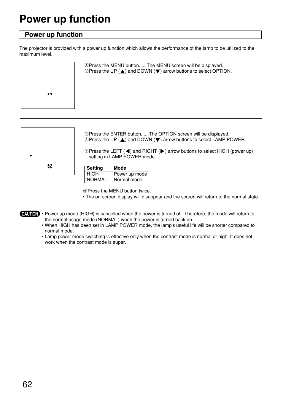 Power up function | Panasonic PT-D9610U User Manual | Page 62 / 100