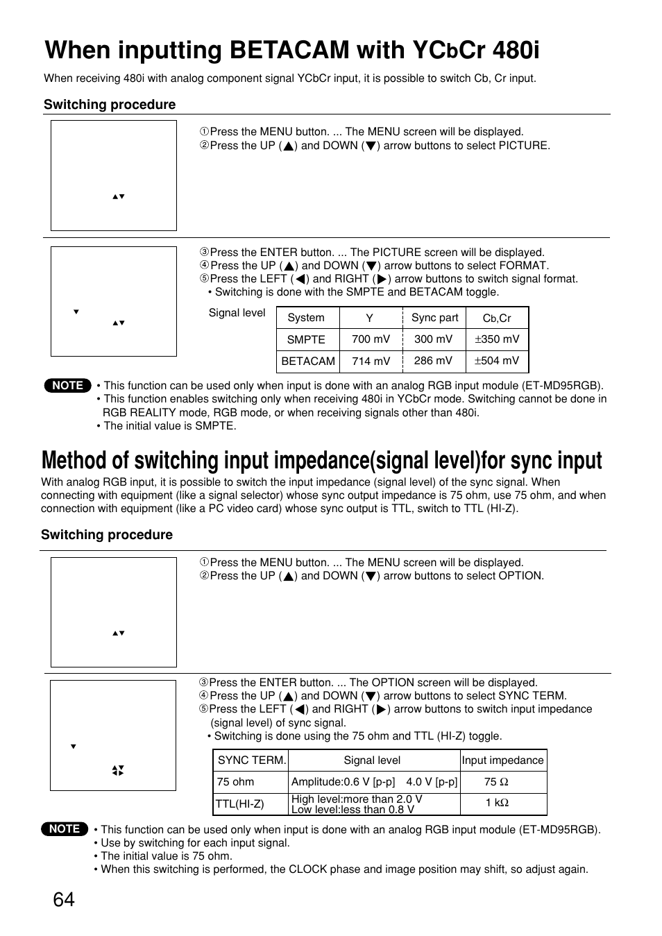 When inputting betacam with ycbcr 480i, When inputting betacam with yc, Cr 480i | Panasonic PT-D9610U User Manual | Page 64 / 100