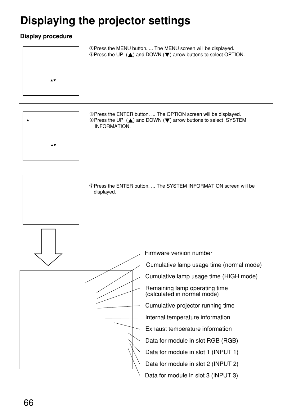 Displaying the projector settings | Panasonic PT-D9610U User Manual | Page 66 / 100