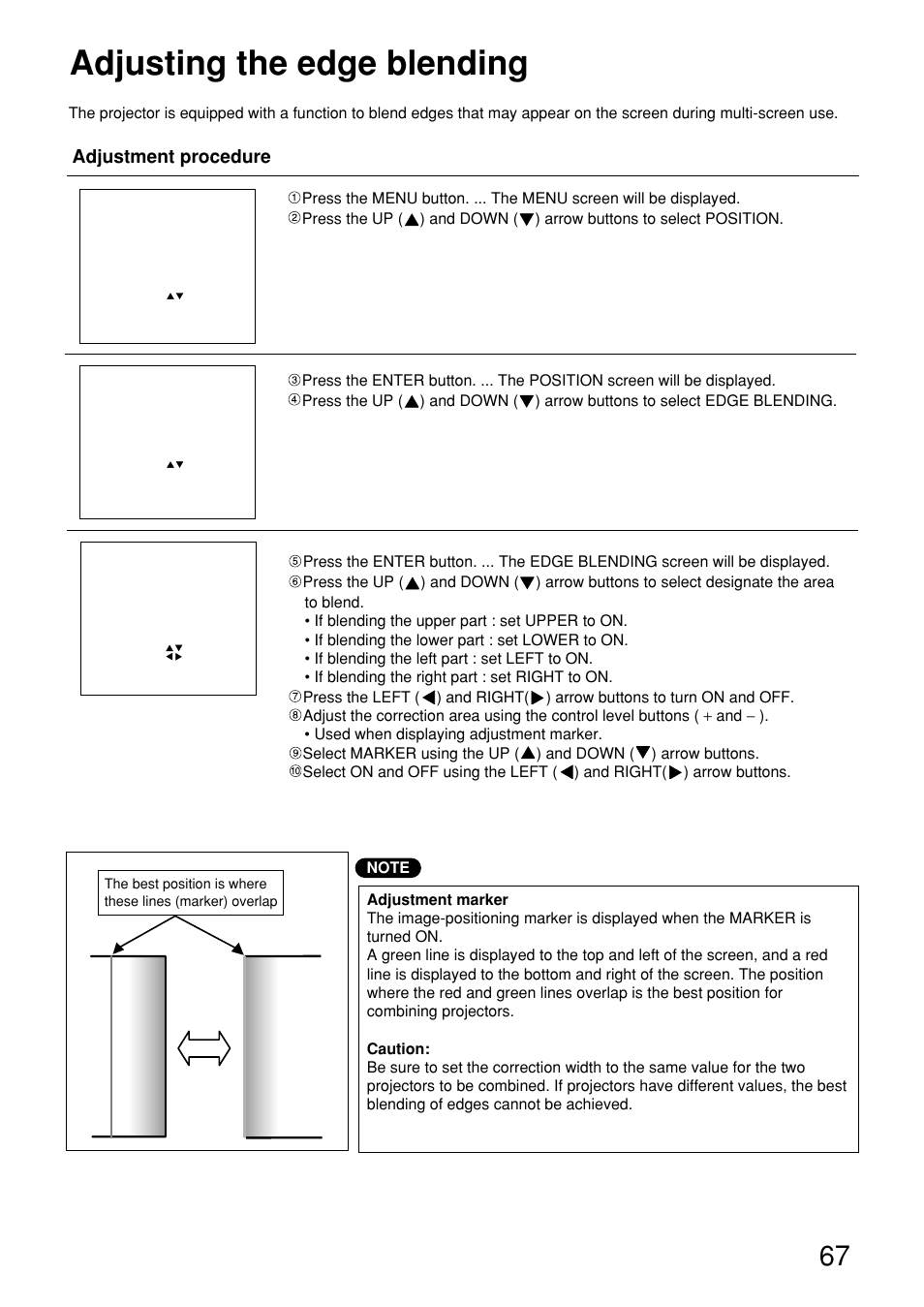 Adjusting the edge blending | Panasonic PT-D9610U User Manual | Page 67 / 100