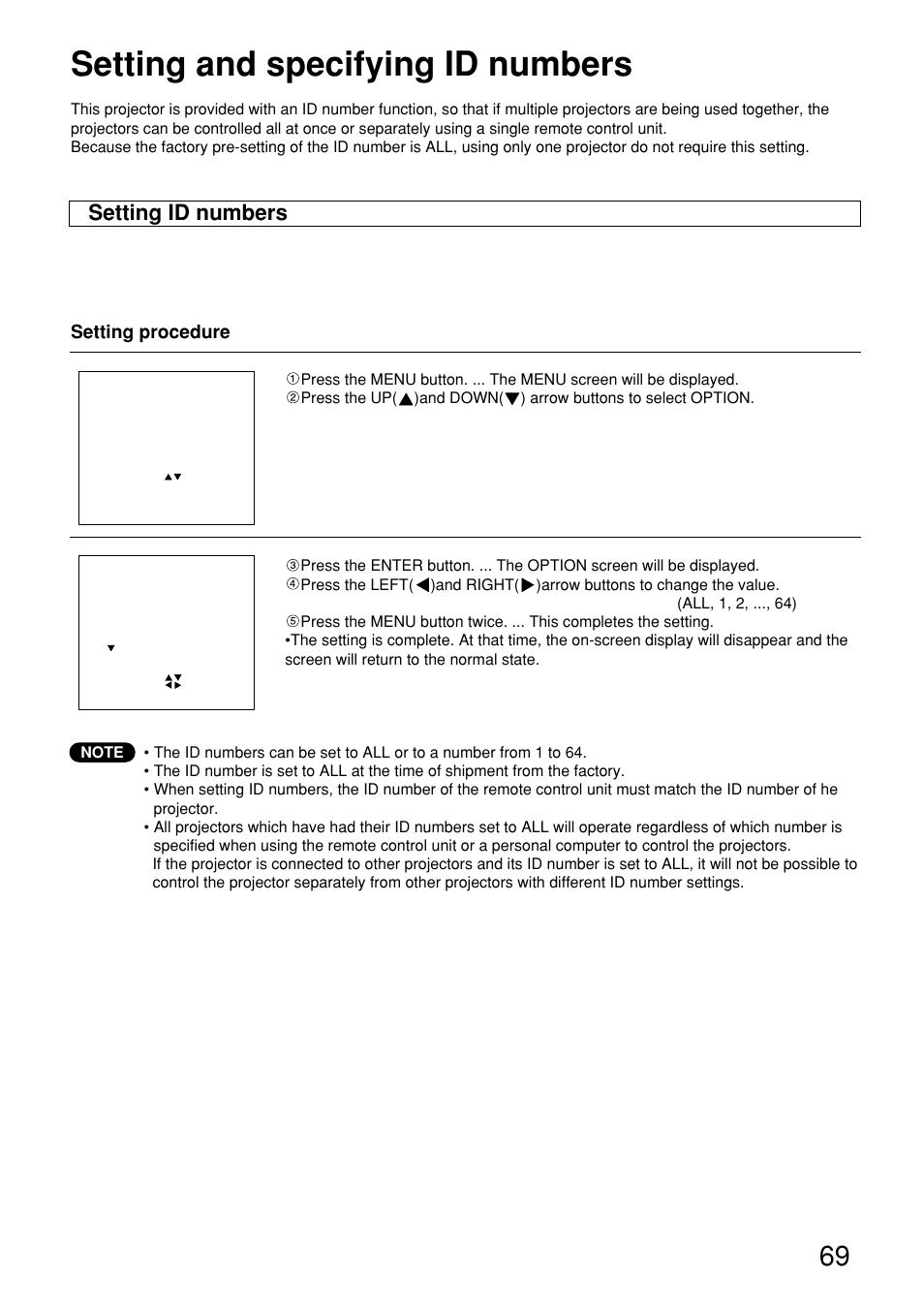 Setting and specifying id numbers, Setting id numbers | Panasonic PT-D9610U User Manual | Page 69 / 100