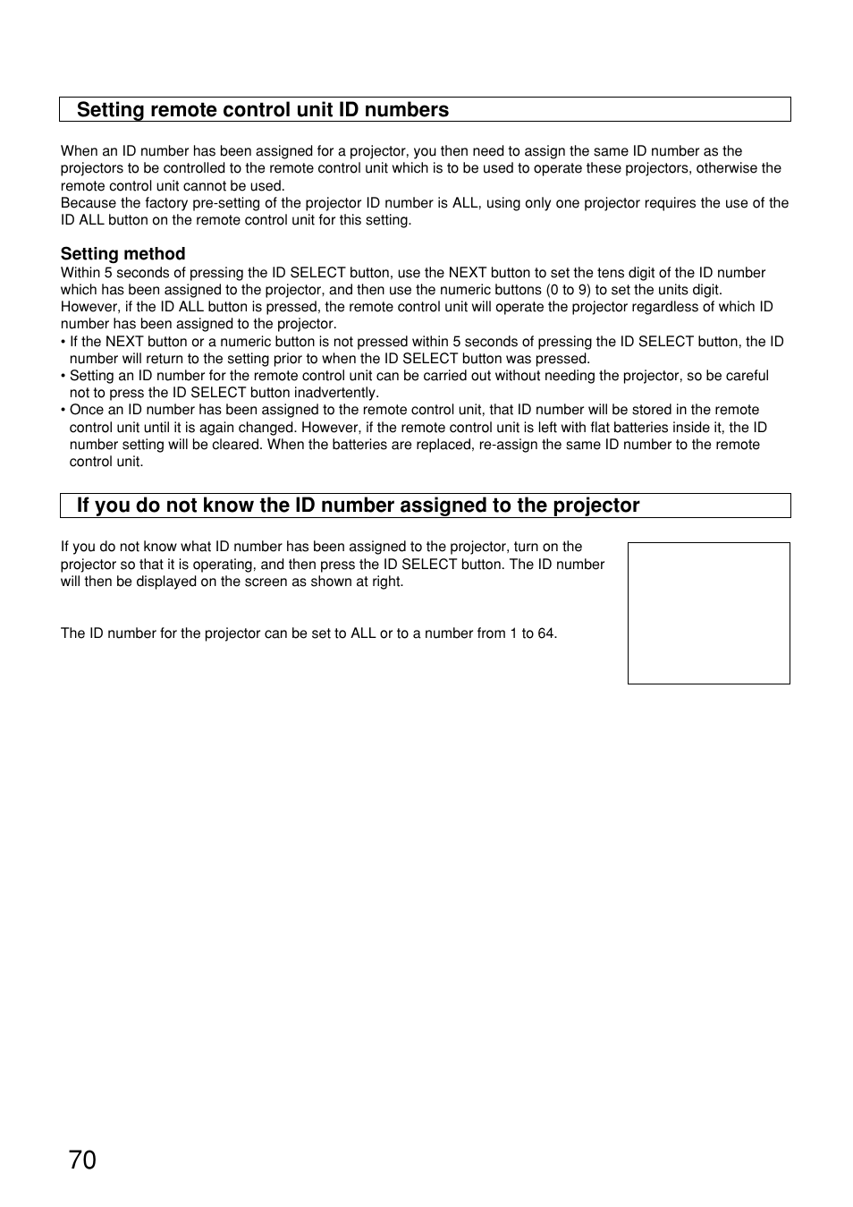 Setting remote control unit id numbers | Panasonic PT-D9610U User Manual | Page 70 / 100