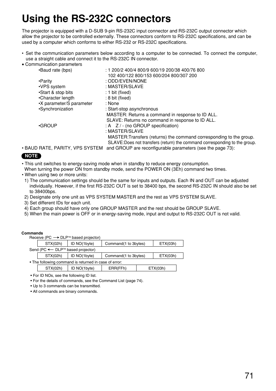 Using the rs-232c connectors | Panasonic PT-D9610U User Manual | Page 71 / 100