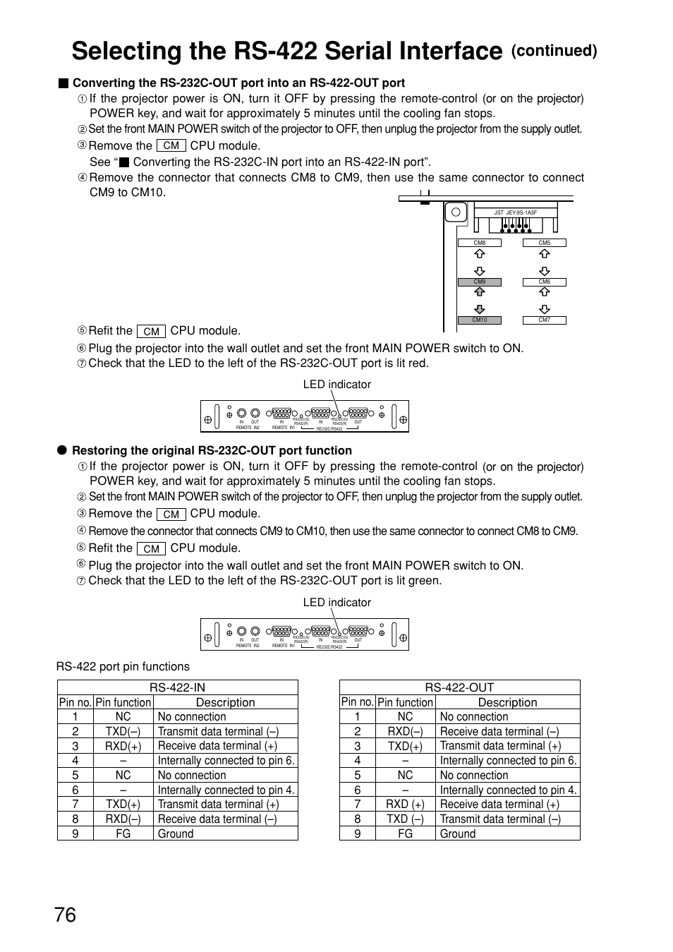 Selecting the rs-422 serial interface, Continued) | Panasonic PT-D9610U User Manual | Page 76 / 100