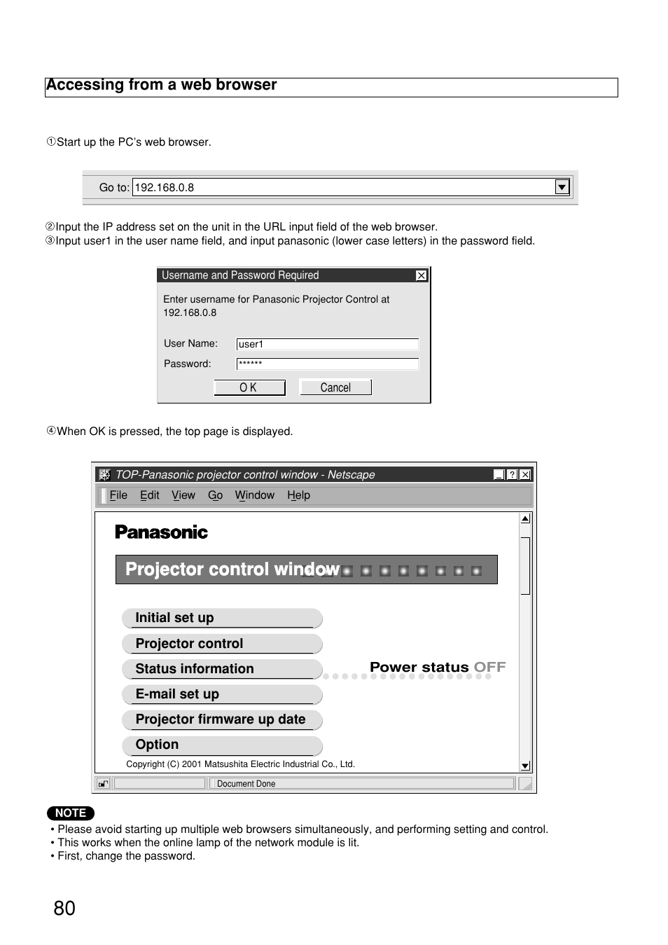 Projector control window, Accessing from a web browser | Panasonic PT-D9610U User Manual | Page 80 / 100