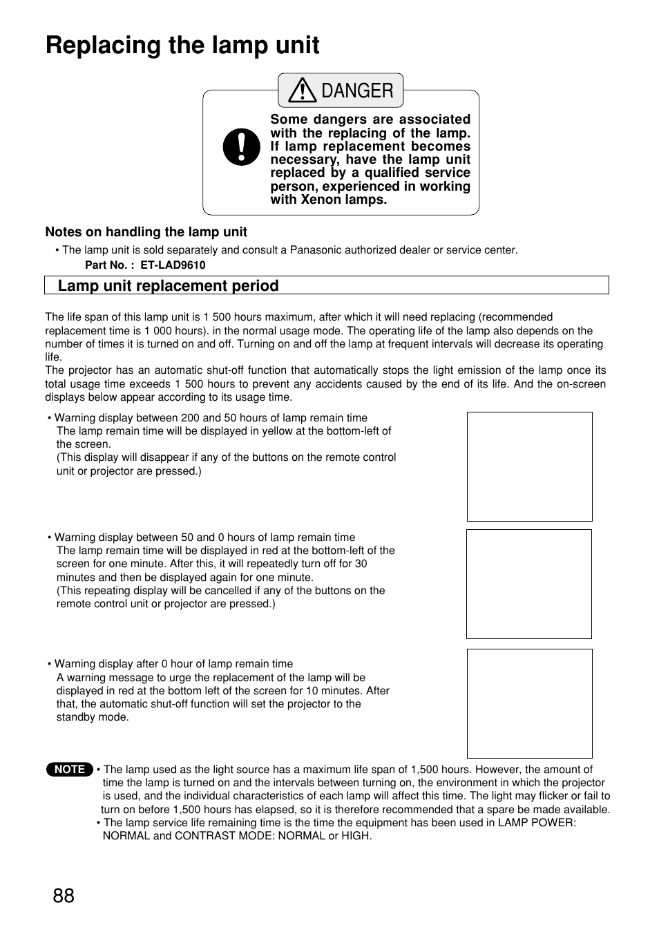 Replacing the lamp unit, Danger | Panasonic PT-D9610U User Manual | Page 88 / 100