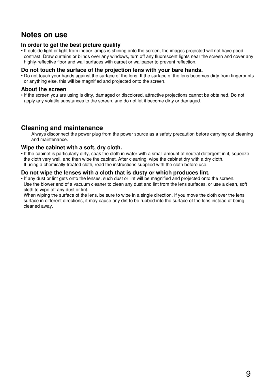 Cleaning and maintenance | Panasonic PT-D9610U User Manual | Page 9 / 100