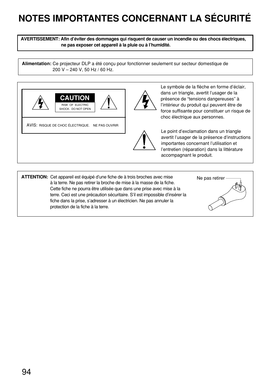 Notes importantes concernant la securite, Caution | Panasonic PT-D9610U User Manual | Page 94 / 100