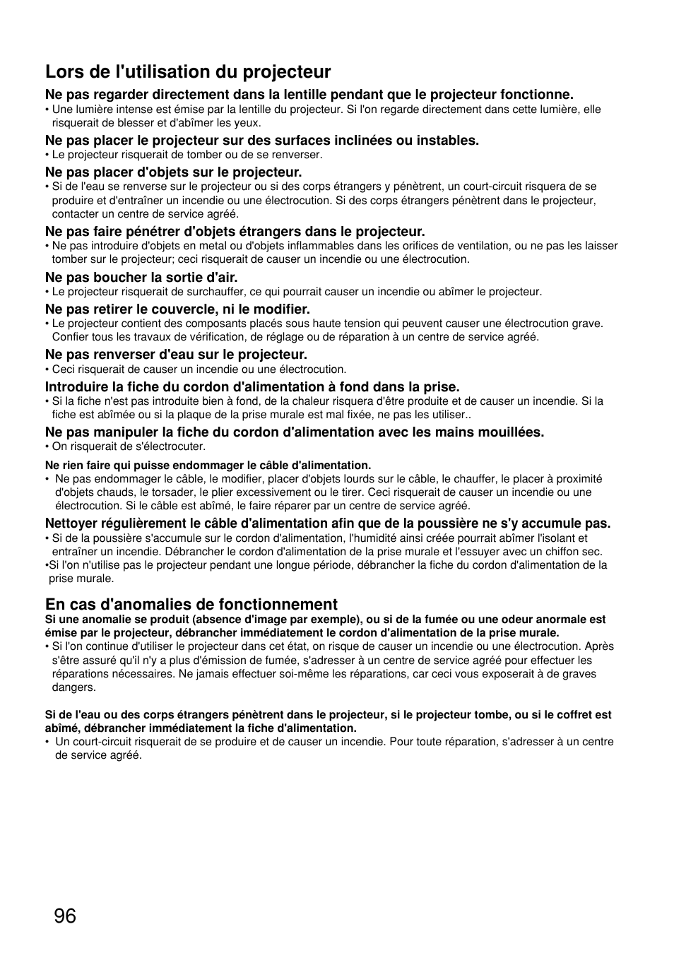 Lors de l'utilisation du projecteur, En cas d'anomalies de fonctionnement | Panasonic PT-D9610U User Manual | Page 96 / 100