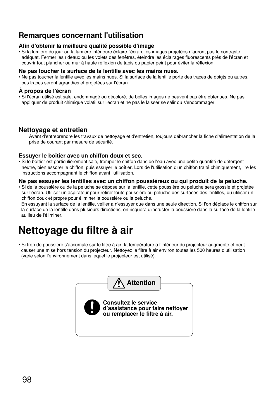 Nettoyage du filtre a air, Nettoyage du filtre à air, Remarques concernant l'utilisation | Panasonic PT-D9610U User Manual | Page 98 / 100