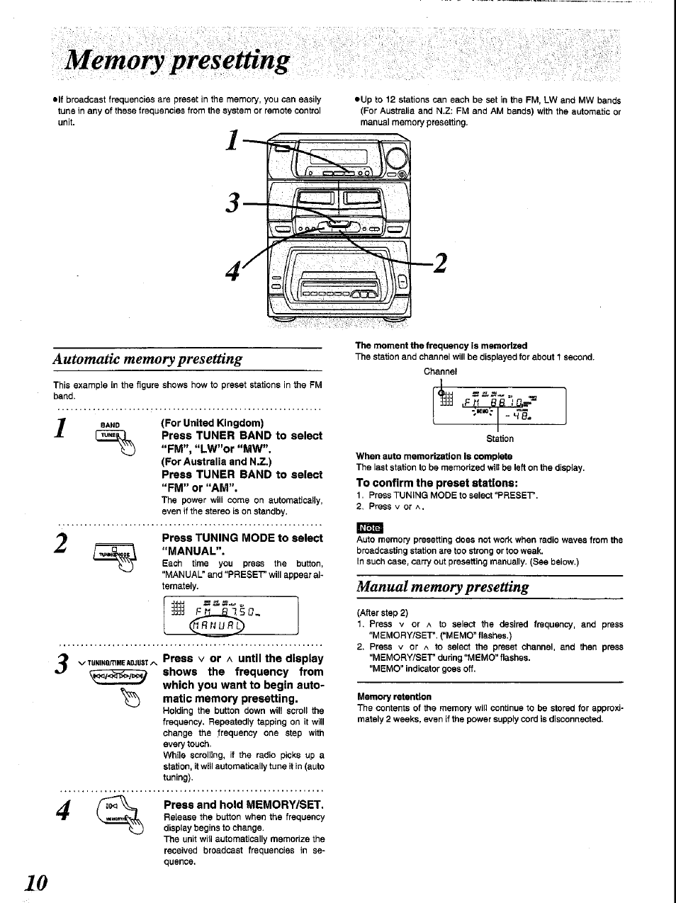 Memory presetting, Automatic memory presetting, For united kingdom) | Manual memory presetting | Panasonic SC-CH84M User Manual | Page 10 / 46