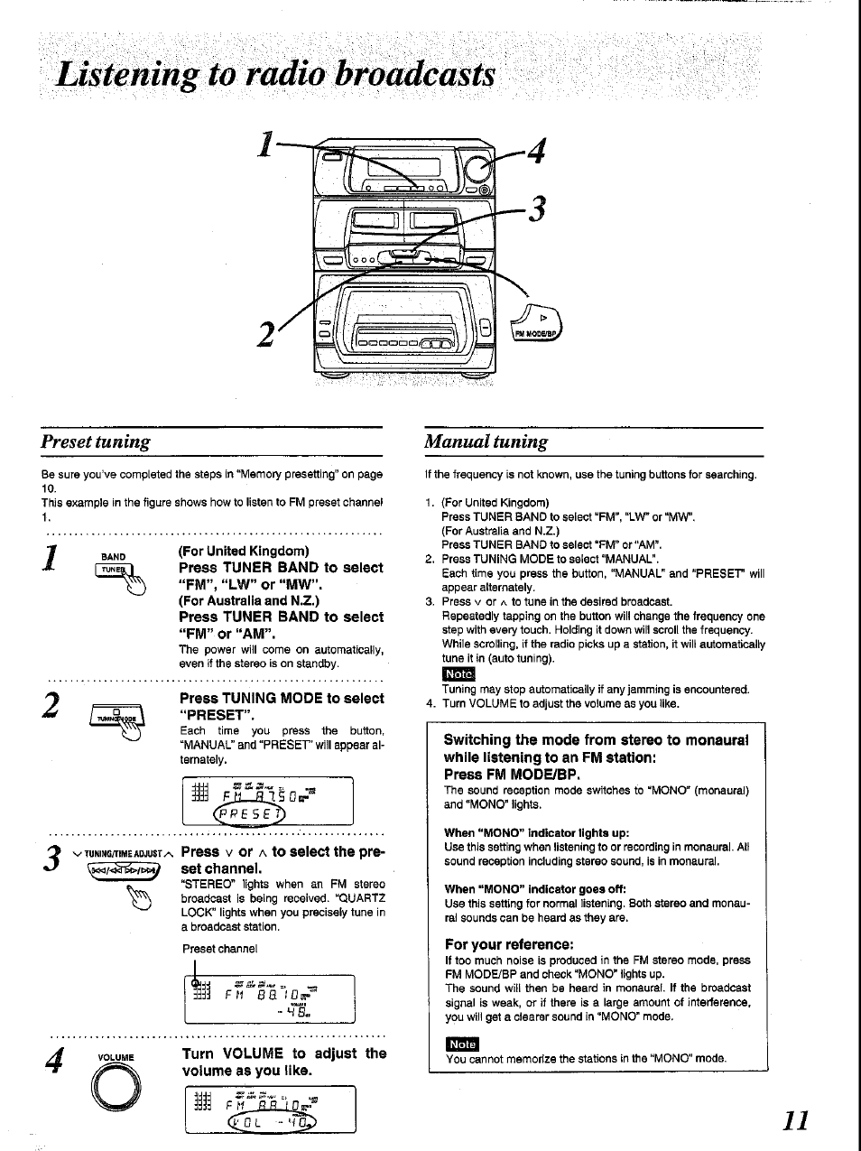 Listening to radio broadcasts, Preset tuning, For united kingdom) | Manual tuning, Preset tuning manual tuning | Panasonic SC-CH84M User Manual | Page 11 / 46