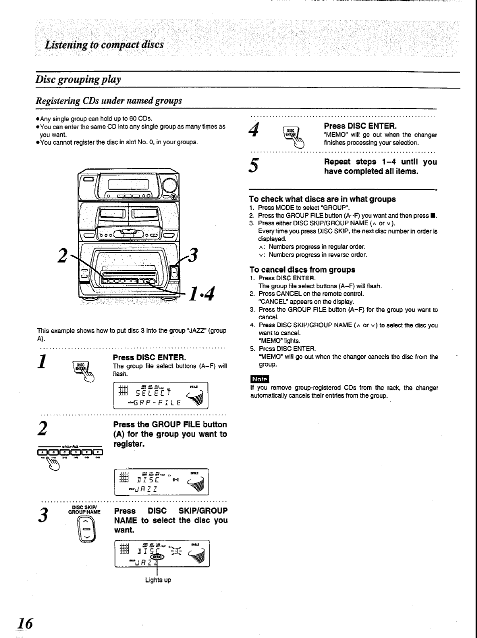 Disc grouping play, Press disc enter, To check what discs are in what groups | To cancel discs from groups, Listening ta compact discs, Registering cds under named groups | Panasonic SC-CH84M User Manual | Page 16 / 46