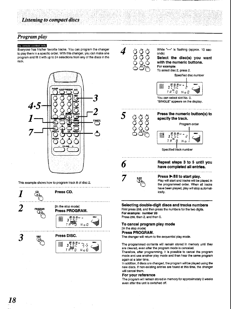 Program play, Press disc, Press the numeric button(s) to specify the track | Press ^/1 fl to start play, Selecting double-digit discs and tracks numbers, To cancel program play mode, Press program, For your reference | Panasonic SC-CH84M User Manual | Page 18 / 46