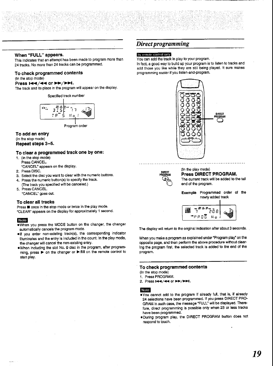 Direct programming, When “full" appears, To check programmed contents | Press i«/« or, To add an entry, Repeat steps 3-5, To clear a programmed track one by one, To clear all tracks, Press direct program, Oass | Panasonic SC-CH84M User Manual | Page 19 / 46