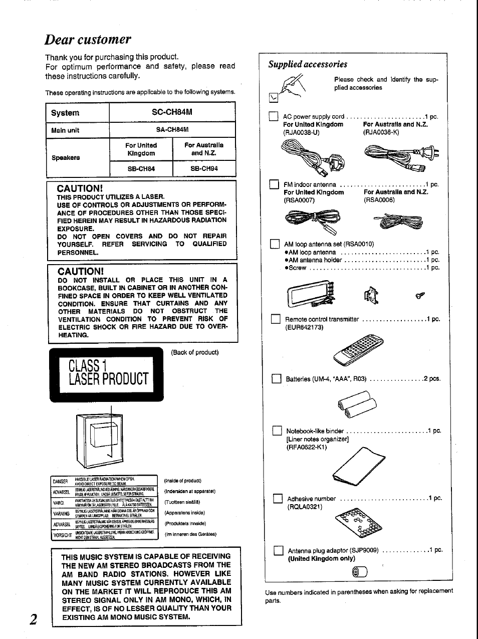 Dear customer, Caution, Supplied accessories | Panasonic SC-CH84M User Manual | Page 2 / 46