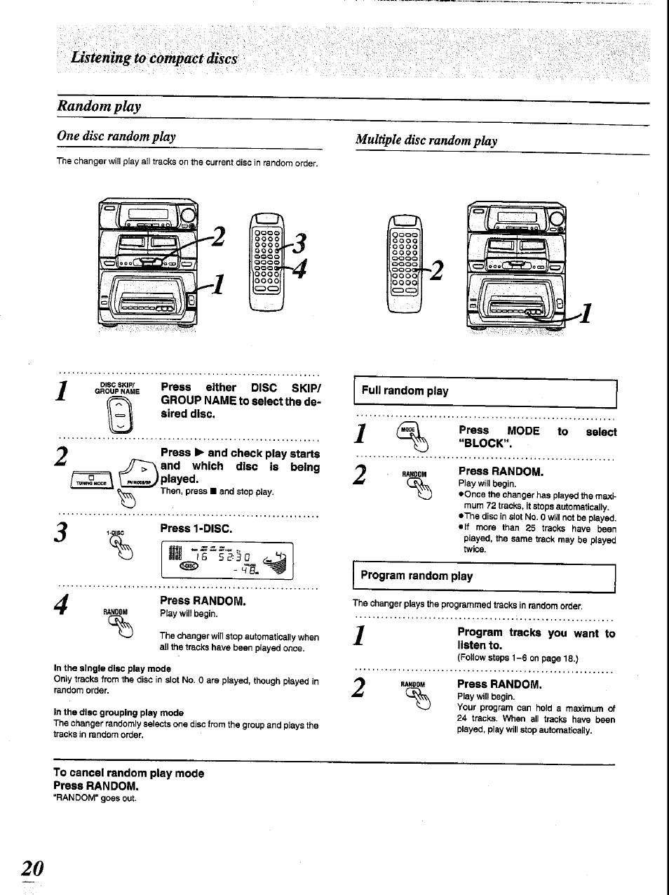Random play, In the single disc play mode, In the disc grouping play mode | Panasonic SC-CH84M User Manual | Page 20 / 46