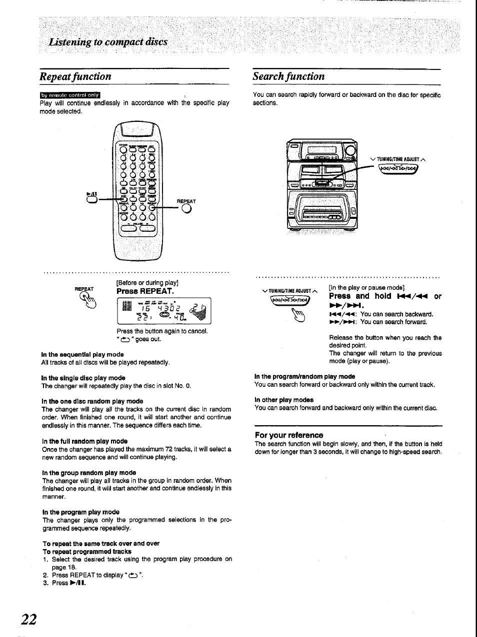 Repeat function, Press repeat, Press and hold or | For your reference, Search function, Listening to compact discs | Panasonic SC-CH84M User Manual | Page 22 / 46