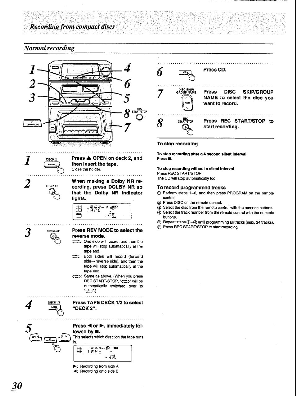 Recording from compact discs, Normal recording, To stop recording after a 4 second silent interval | To stop recording without a silent interval, Recording from compact discs normal recording | Panasonic SC-CH84M User Manual | Page 30 / 46